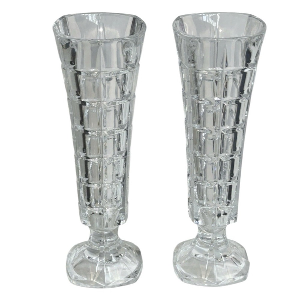 Pressed Glass Bud Vase Pair 6.75" Flared Rim, Faceted Base Vintage